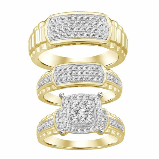 1 Cttw Diamond Square Cluster Bridal Wedding Ring Band Trio Set 10k Yellow Gold