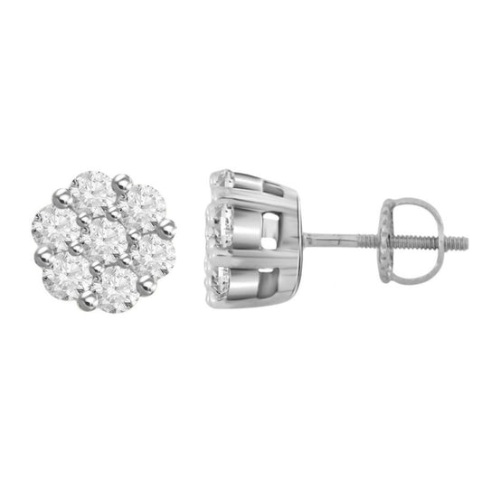 1 cttw Diamond Round Mens Stud Earrings 14k White Gold Screw Back