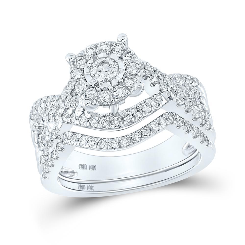 1 Ctw Round Diamond Cluster Bridal Wedding Ring Band Set 10k White Gold