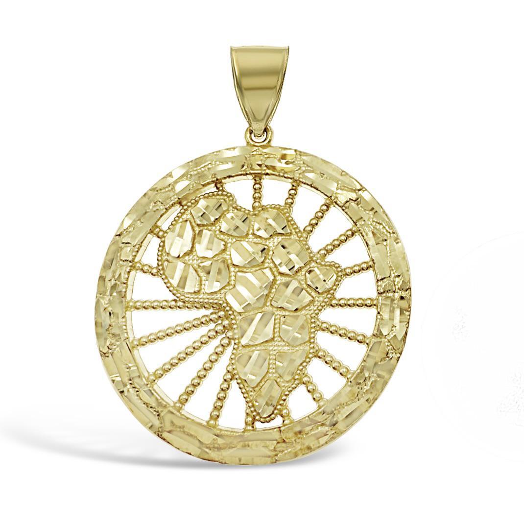 Africa Map Continent Pendant Nugget Mens Round Charm 10k Yellow Gold 1.9 inch
