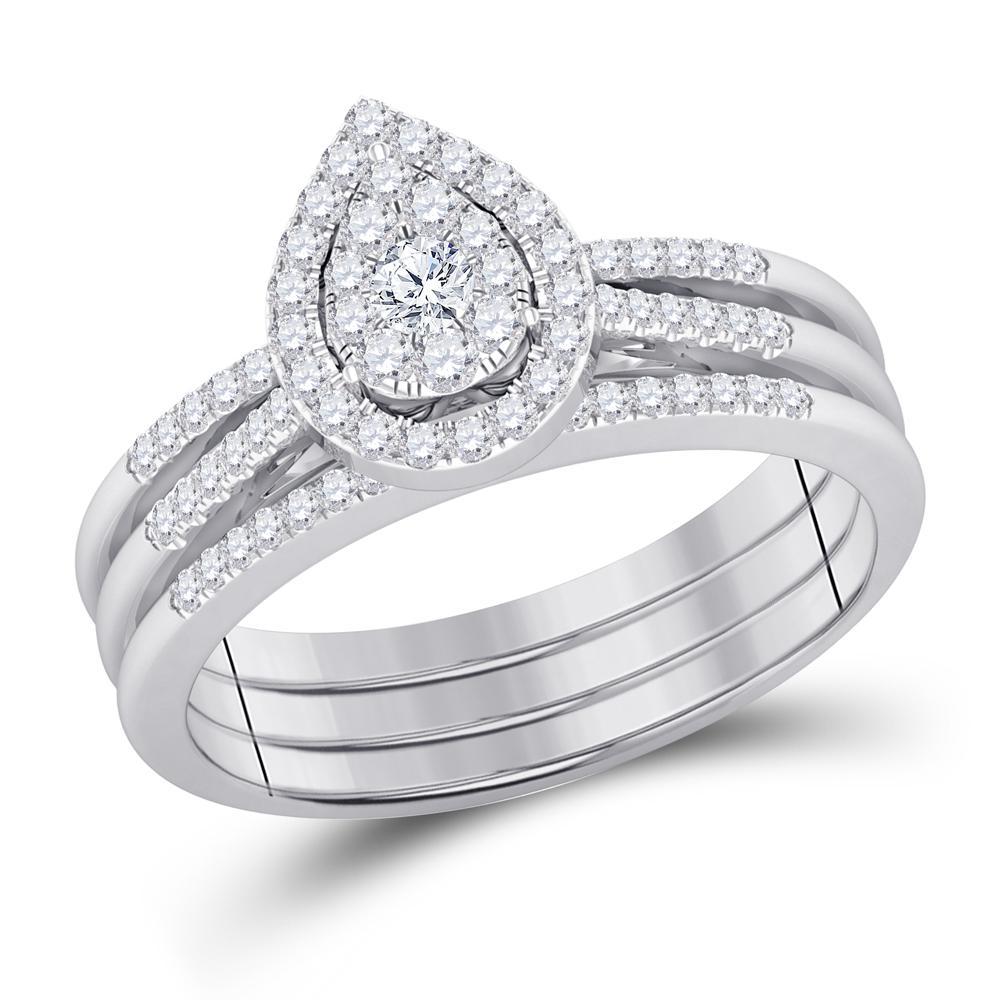 Pear Shaped Halo Cluster 3 Pc Diamond Bridal Ring Set in 14K White Gold