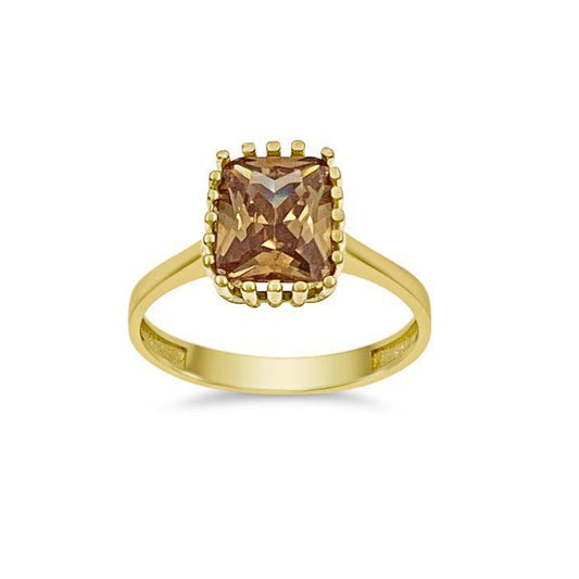 14K Yellow Gold Brown CZ Cushion Cut Solitaire Ring