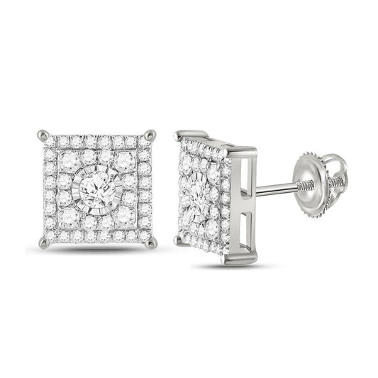0.45ctw Diamond Square Cluster Stud Earrings 10k White Gold Screw Back Mens
