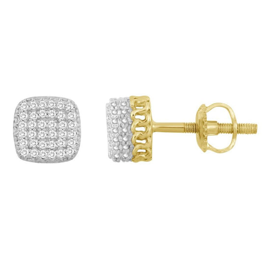 Diamond Cushion Cluster Mens Stud Earrings 10k Yellow Gold Screw back
