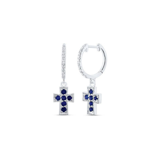 Natural Blue Sapphire & Diamond Cross Hoop Dangle Drop Earrings 14k White Gold