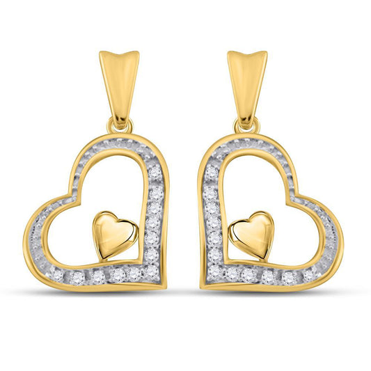 Diamond Heart Dangle Stud Earrings 10k Yellow Gold Screw Back