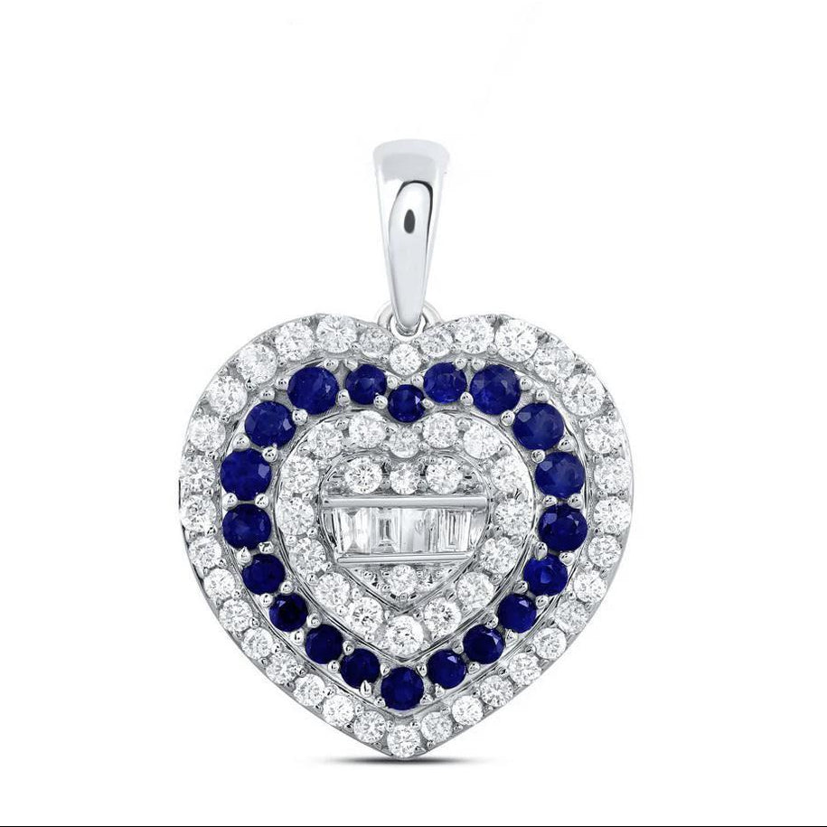 Blue Sapphire Diamond Heart Pendant 10K White Gold