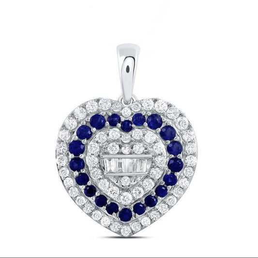 Blue Sapphire Diamond Heart Pendant 10K White Gold