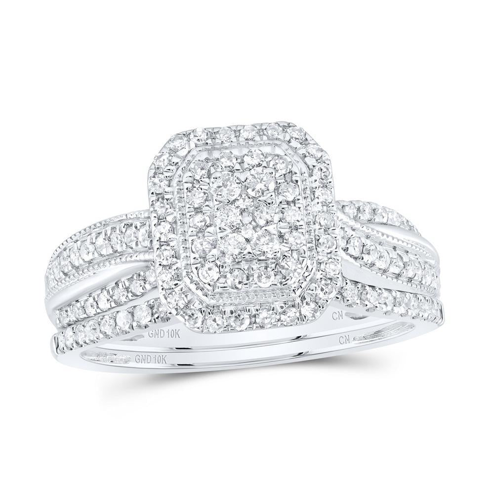 0.50 Ctw Diamond Emerald Cluster Bridal Wedding Ring Set 10k White Gold