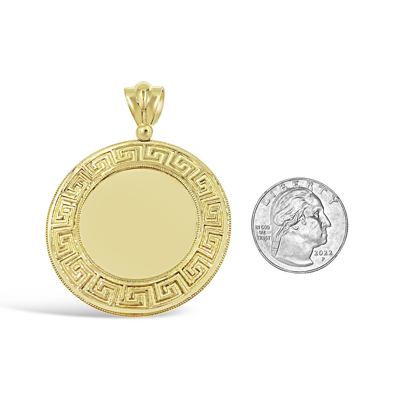 10K Yellow Gold Round Memory Picture Frame Pendant Greek Key Medallion Charm