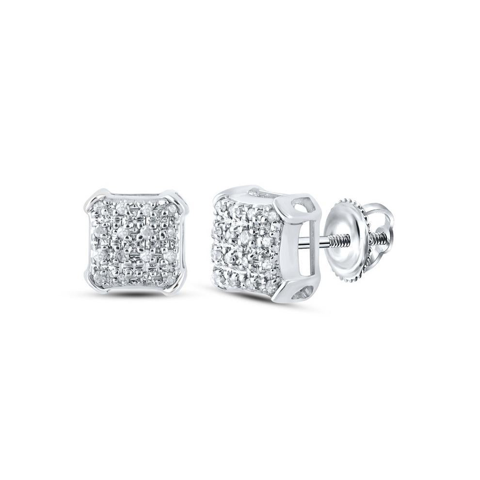 Diamond Cushion Square Mens Stud Earrings 10K White Gold Cluster Screw Back