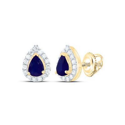 14K Gold Blue Pear Sapphire Diamond Halo Stud Earrings