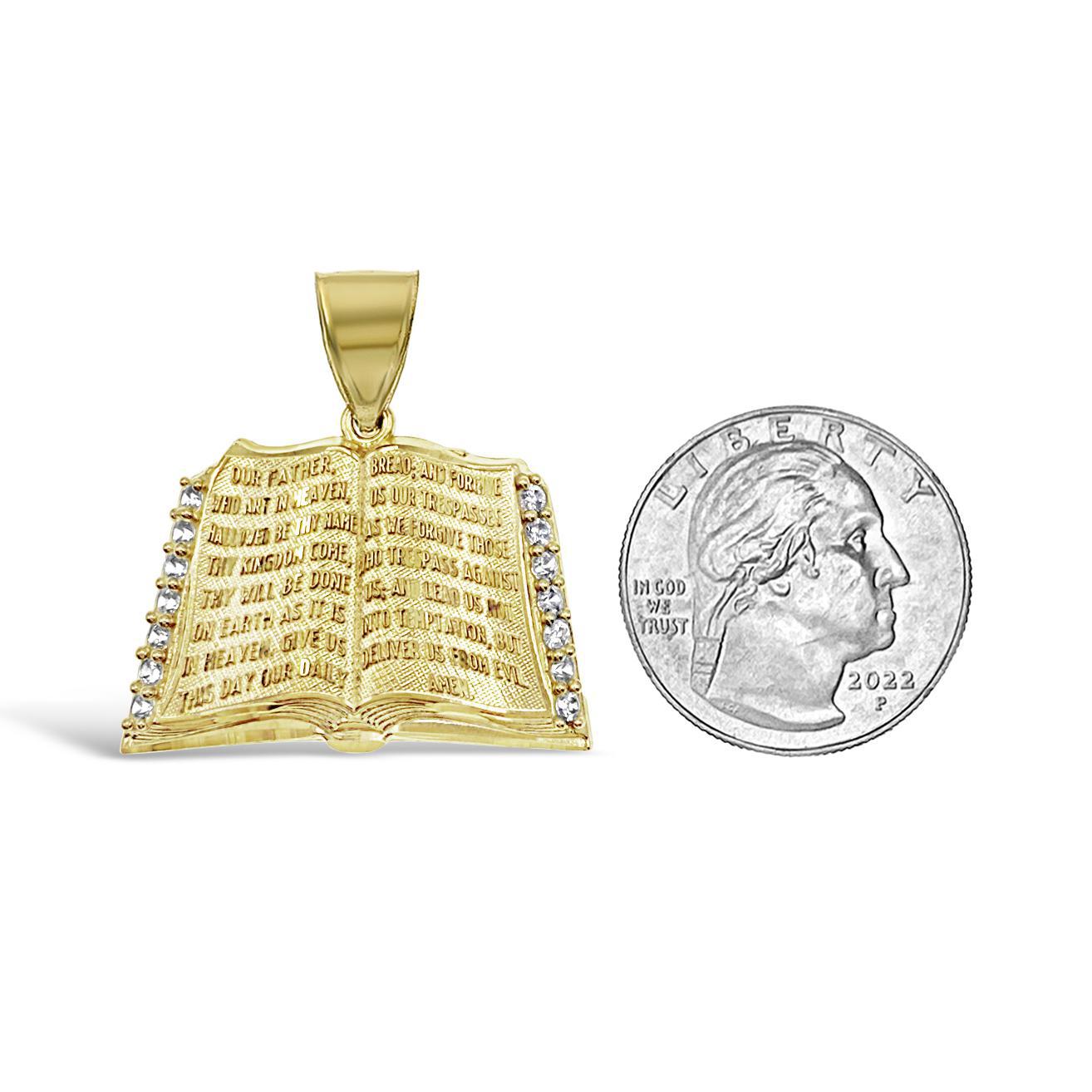 Holy Bible Praying Book Pendant CZ Charm 10k Yellow Gold 1.2 inch