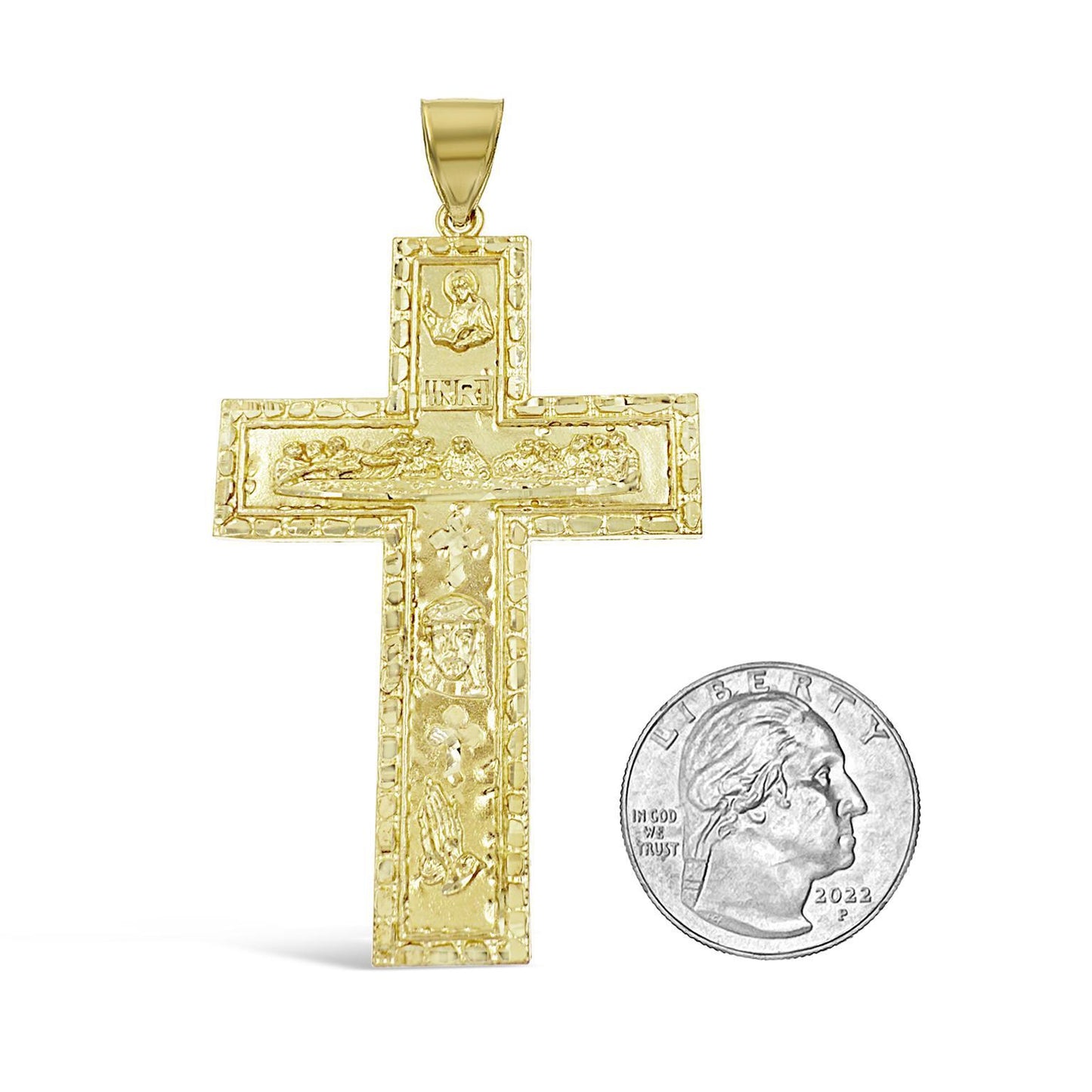 10k Yellow Gold Large Cross Jesus Last Supper Mens Pendant Charm 3 inch