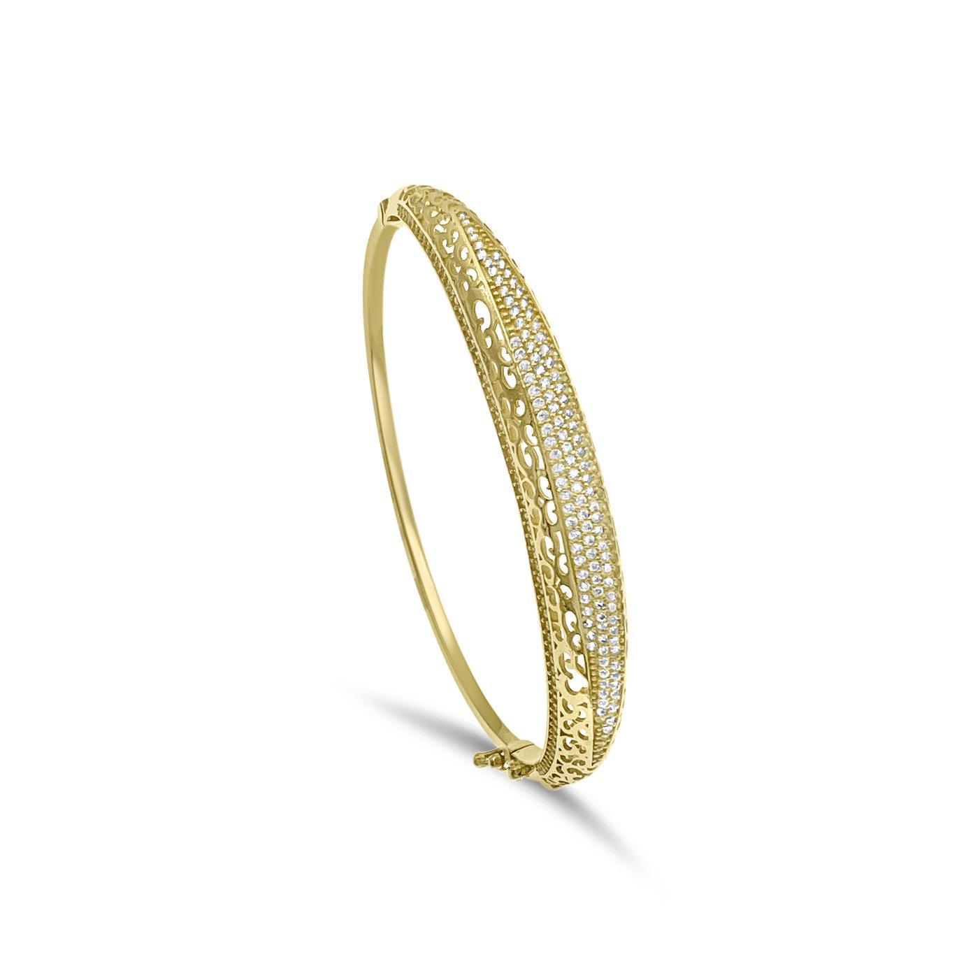 14K Yellow Gold Pave Filigree Hinged Bangle Bracelet