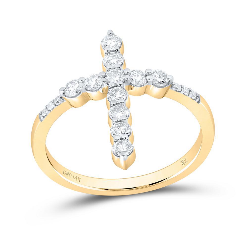 0.62Ctw Diamond Cross Ring Band 14k Yellow Gold Womens