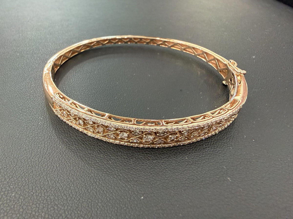 Diamond Vintage Filigree Hinged Bangle Bracelet 14K Rose Gold