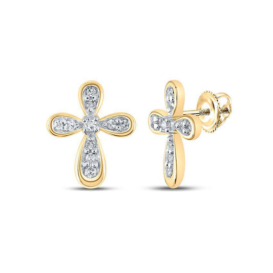 Diamond Cross Stud Earrings 10kt Yellow Gold Screw Backs