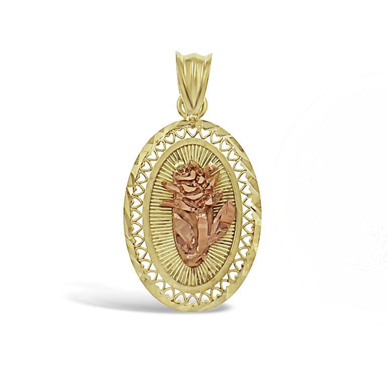 Rose Flower Pendant Oval Charm Real 10k Rose Yellow Gold 1.0 inch