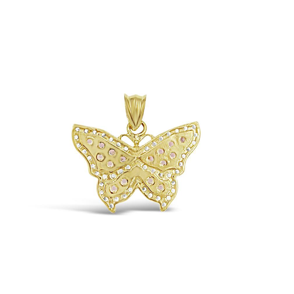 Butterfly Pendant 10k Yellow Gold Pink CZ Charm 0.9 inch