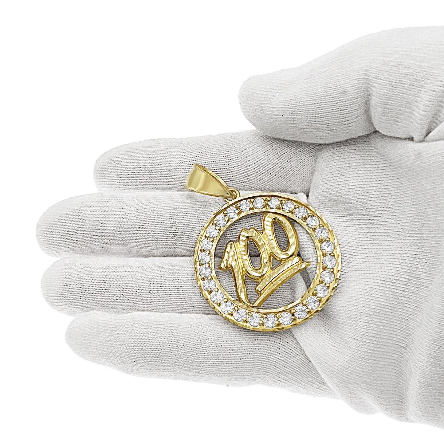 100 Emoji Pendant 10k Yellow Gold Round Charm CZ 1.8"