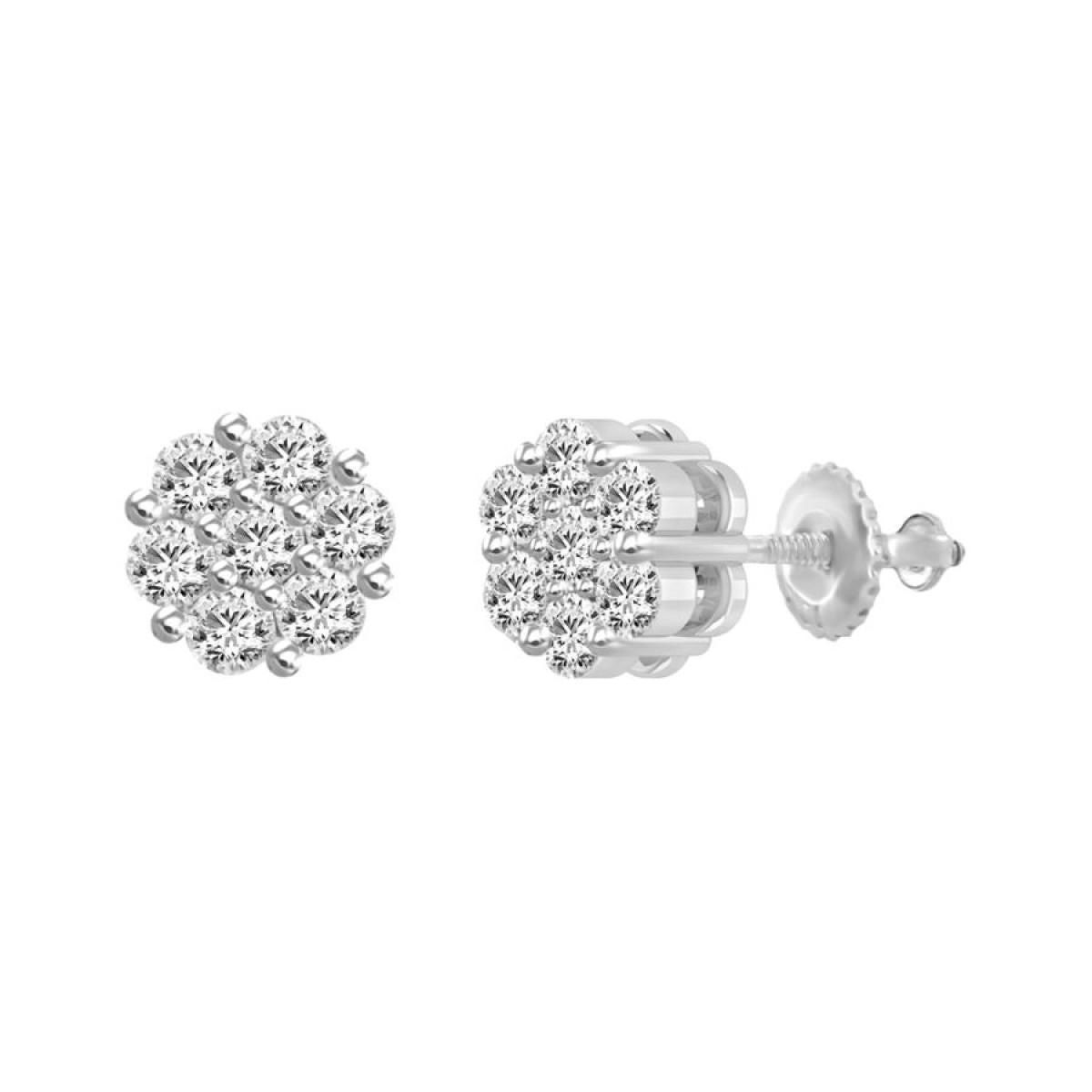 0.50 Cttw Diamond Flower Cluster Stud Earrings 14k White Gold Screw back