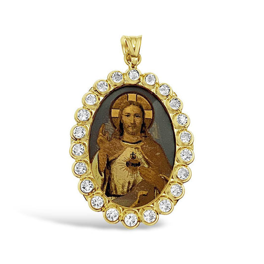 14k Gold Jesus Sacred Heart Pendant Charm Oval 1.3"