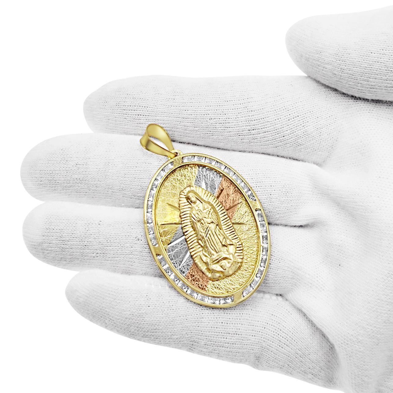 Virgin Mary Guadalupe Pendant 10K Tri Color Gold CZ Oval Religious