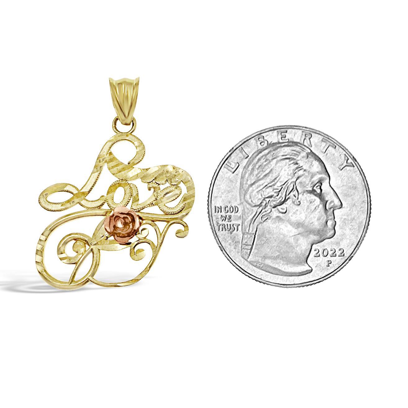 10k Yellow Gold Love Pendant with Rose Flower Design Script Letter