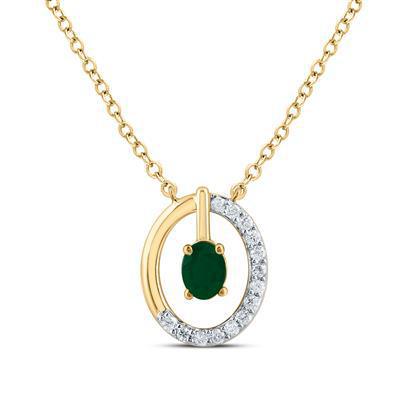 Diamond & Natural Oval Emerald Pendant Necklace Charm 14k Yellow Gold