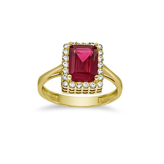 14K Yellow Gold Simulated Ruby Halo Ring