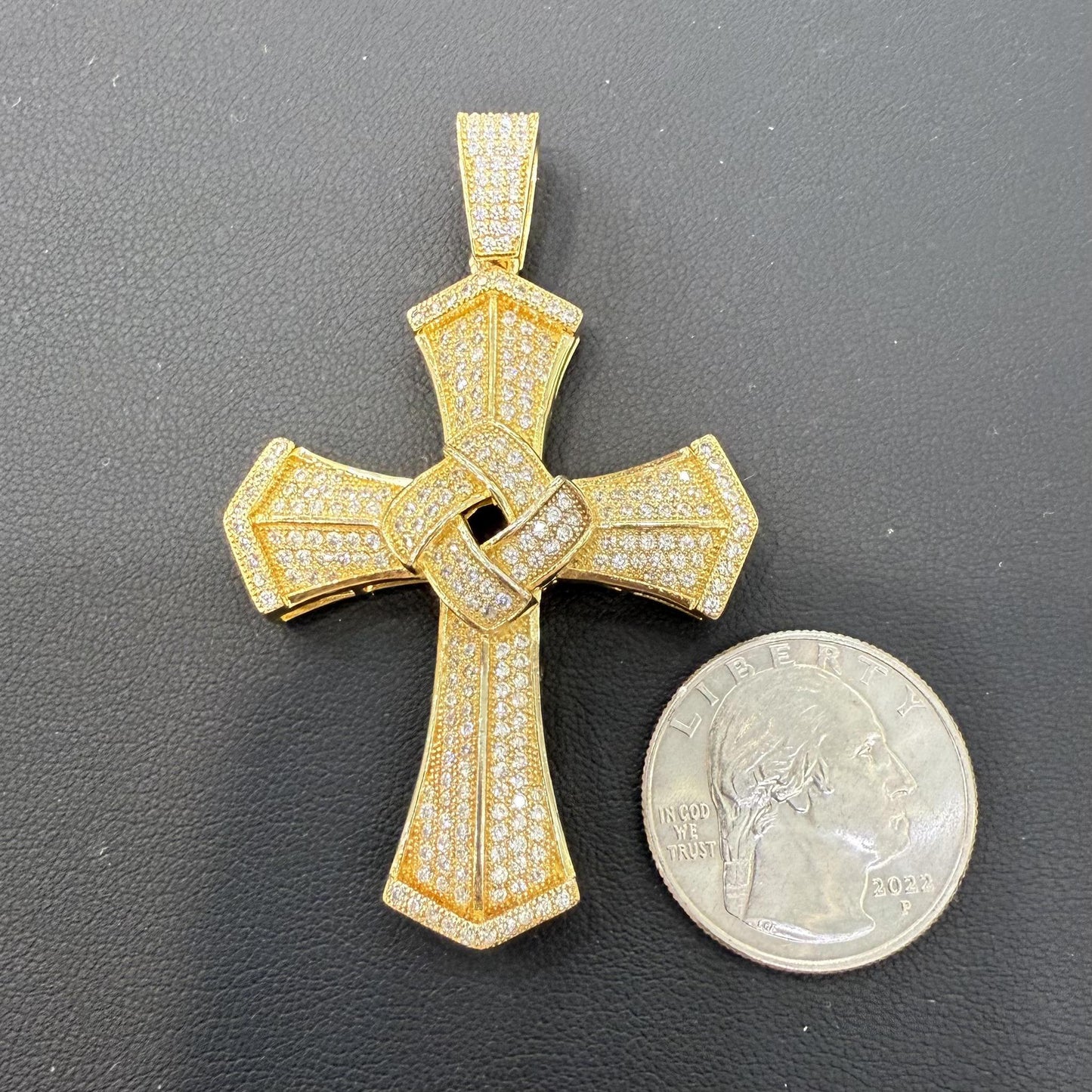 Cross Pendant Charm 925 Sterling Silver Gold Plated Iced Out CZ 2.4"