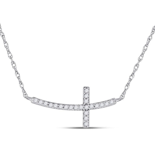 Diamond Sideways Cross Horizontal Pendant Necklace 10k White Gold