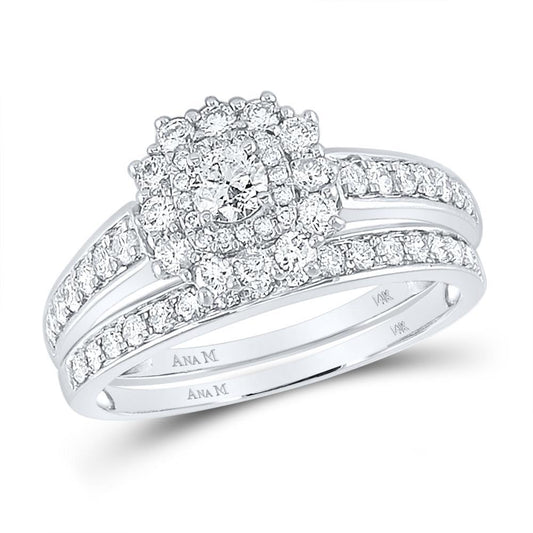 1.00Cttw Diamond Halo Bridal Wedding Ring Set Band 14k White Gold