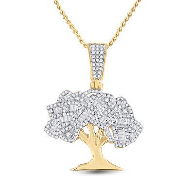 0.90ctw Baguette Round Diamond Money Tree Charm Pendant 14k Yellow Gold Mens