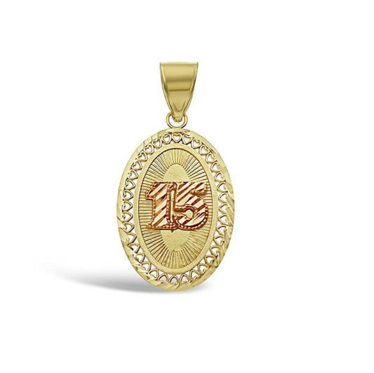 Quinceanera 15 Anos Birthday Pendant 10k Yellow Rose Gold Charm Oval 1.3 inch