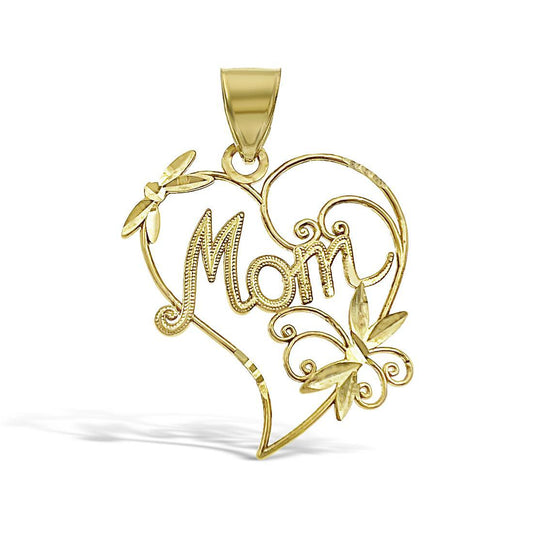 Mom Heart Pendant 10k Yellow Gold Charm 1.3"