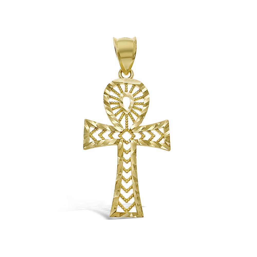 10k Yellow Gold Egyptian Ankh Cross Pendant Charm 1.8"