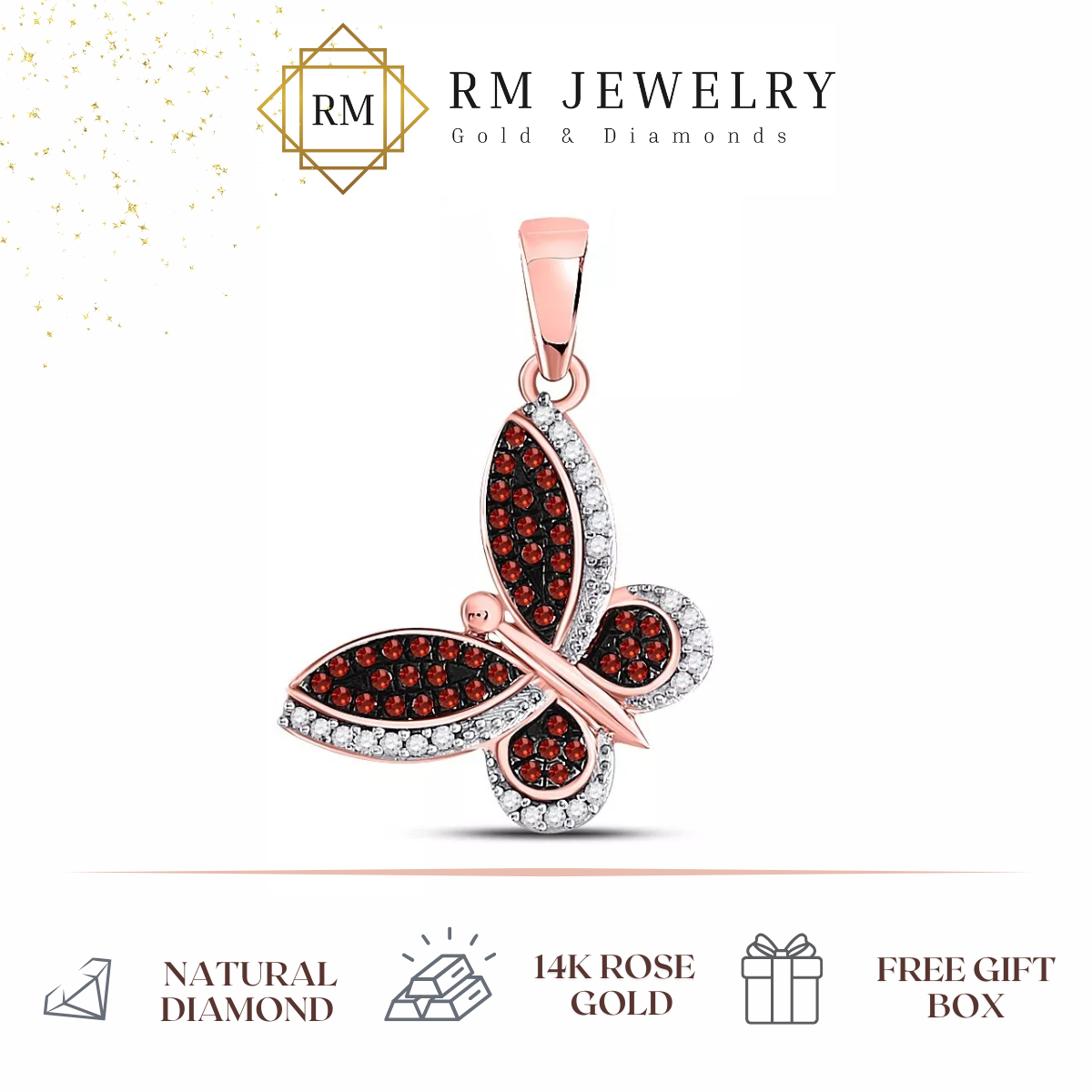 Red Diamond Butterfly Pendant 10K Rose Gold