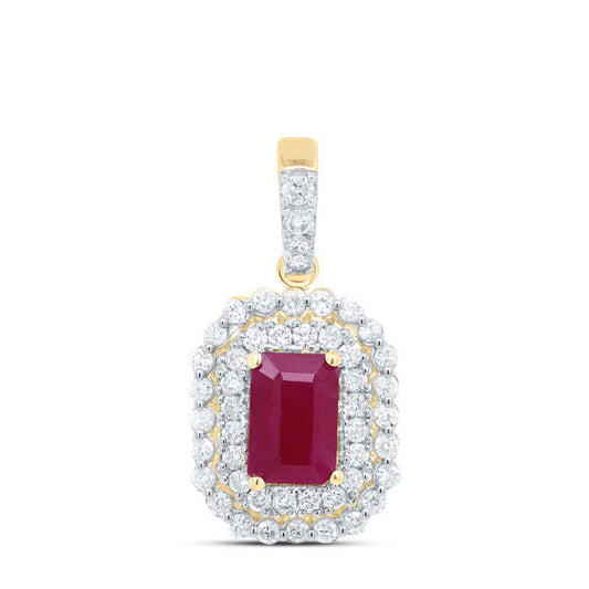 Diamond & Natural Ruby Emerald Cut Pendant Charm 14k Yellow Gold