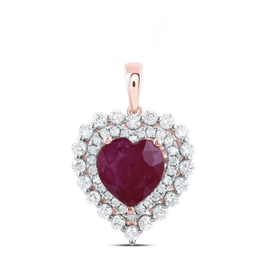 Natural Heart Ruby & Round Diamond Double Halo Pendant Charm 14k Rose Gold