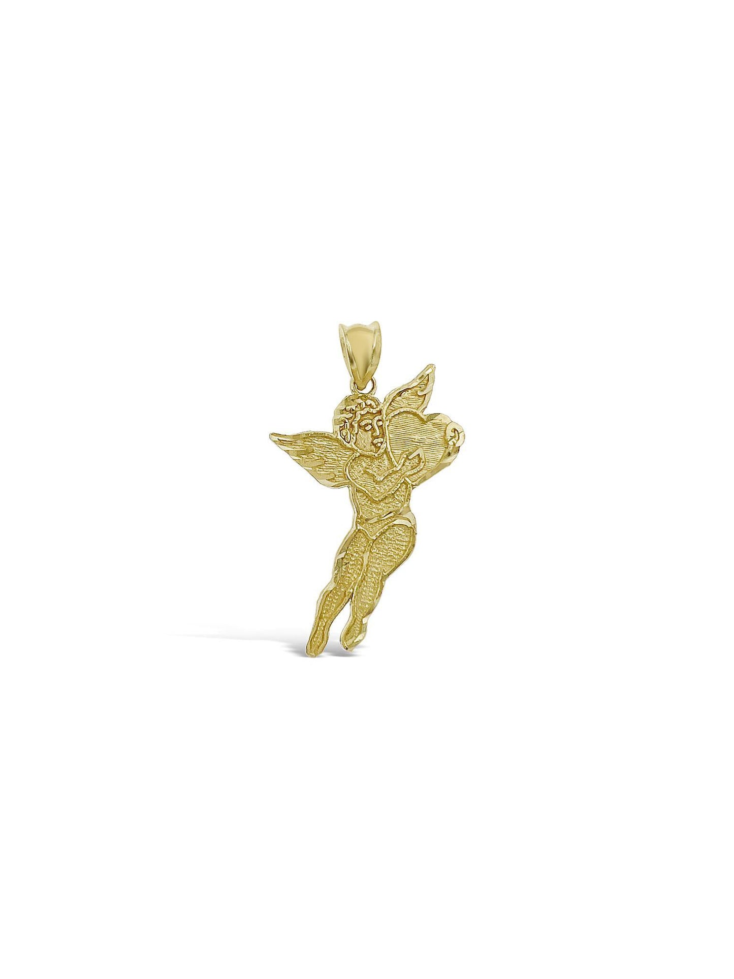 10K Yellow Gold Cupid Angel Heart Pendant Charm 1.3 inch