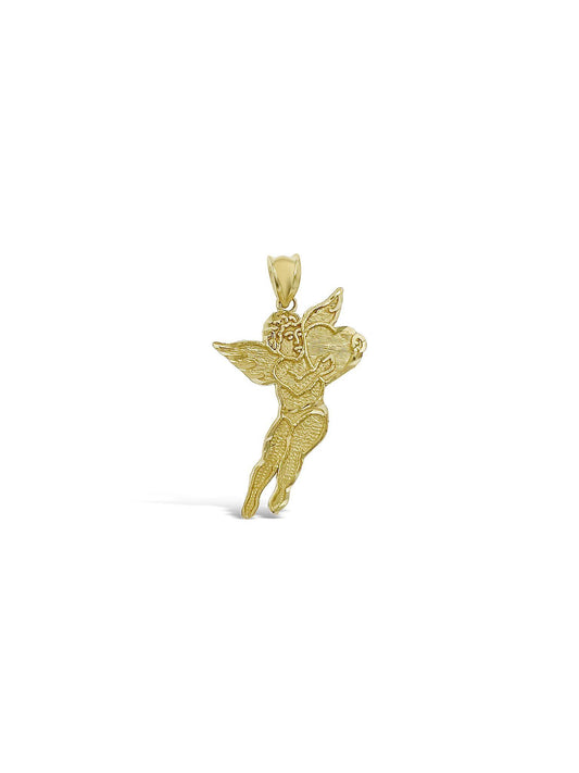10K Yellow Gold Cupid Angel Heart Pendant Charm 1.3 inch