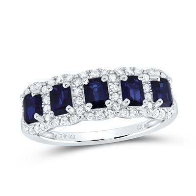 Natural Blue Sapphire & Diamond Band Ring 14K White Gold
