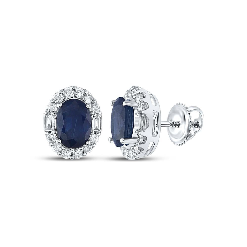 Blue Sapphire Diamond Oval Stud Earrings 14K White Gold