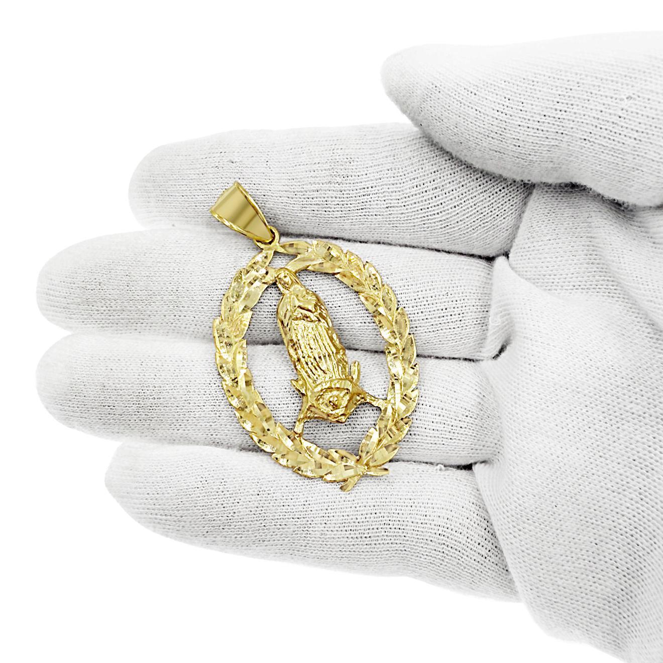 10K Yellow Gold Lady Of Guadalupe Oval Leaf Border Pendant Virgin Mary