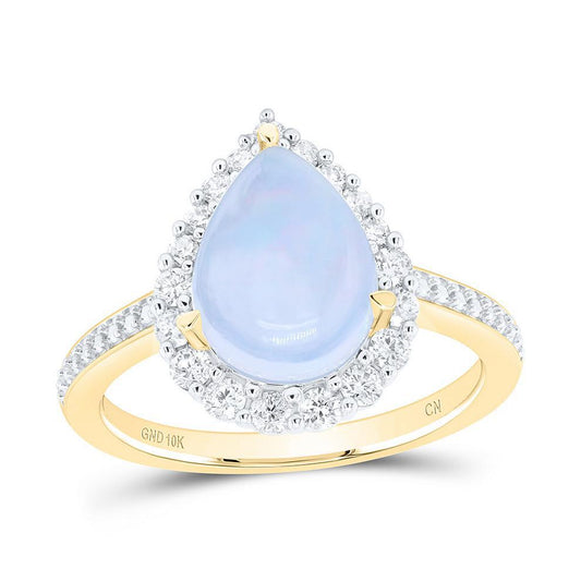Pear Natural Opal & Diamond Halo Teardrop Shape Ring 10k Yellow Gold