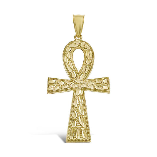Egyptian Cross Ankh Nugget Pendant Mens Charm 10k Yellow Gold 2.9 inch