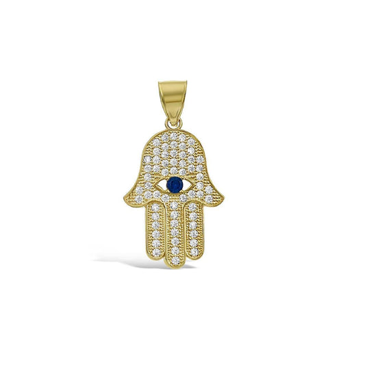 10K Yellow Gold Hamsa Evil Eye Protection Pendant