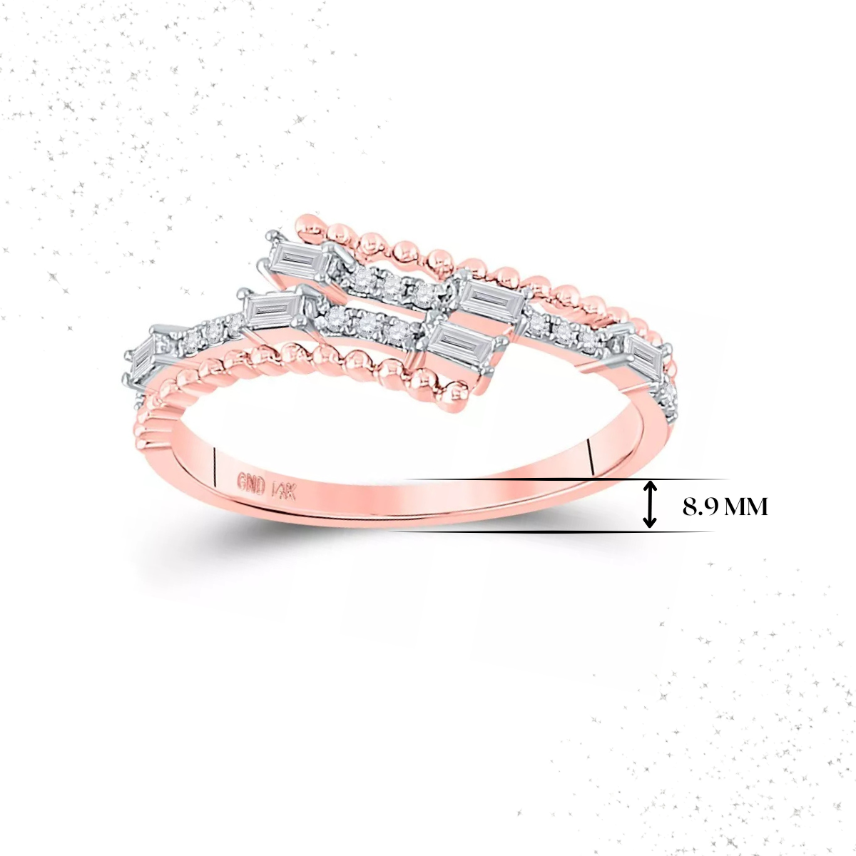 14k Rose Gold Diamond Baguette Bypass Ring Womens Band 0.20cttw